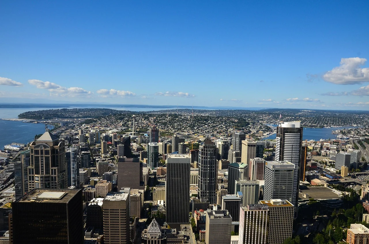 A view across downtown Seattle toward Elliott Bay